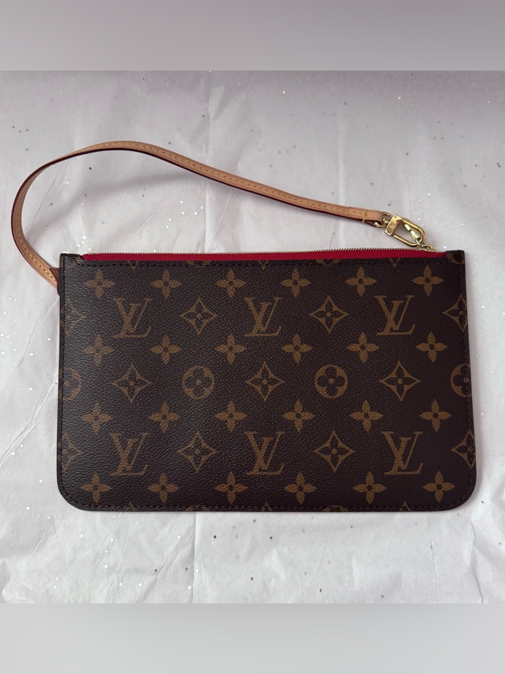 Louis Vuitton Brown Monogram Wristlet with Red Zip and Tan Strap